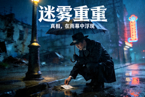 悬疑剧《迷雾重重》海报 - 侦探在雨中调查的神秘场景